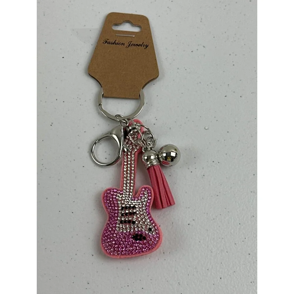 Sparkly Pink Guitar Keychain With Tassel & Bells Lead Safe